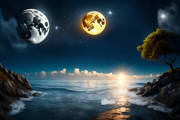 Canvas Print - **romantic and  scenic panorama with full moon on sea to night--