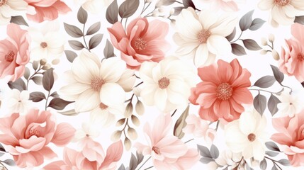 Wall Mural - Dainty Abstract flower Bright and cute colors pattern, simple, neutral flowers on white background Seamless pattern of elegant, dainty, neutral watercolor floral for fabric, home decor, and wrapping