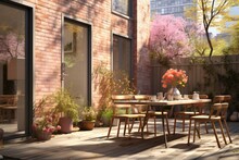On A Deck Attached To An Urban Red Brick House, A Table And Chairs Are Bathed In Sunlight, Creating A Charming And Inviting Outdoor Space With A Touch Of Rustic Elegance. Photorealistic Illustration