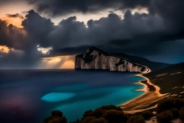 Wall Mural - dark clouds over capo caccia at sunset--