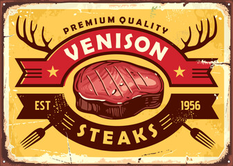 Wall Mural - Restaurant retro sign with grilled venison steak on yellow background. Food advertisement. Meat chop vintage vector graphic.