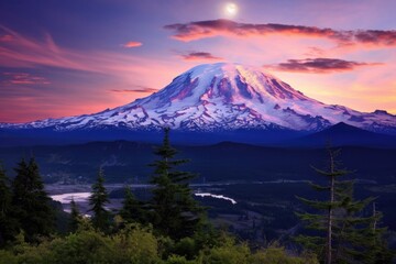 Wall Mural - Majestic sunrise over Mount Hood, Oregon, with snow-capped peaks, a serene lake, and lush forest.