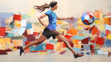 Fototapeta  - Dynamic paper art collage of a female football player in action, showcasing athleticism and empowerment. Concept of women in sports, portraying strength, determination, beauty of the game