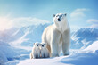 A polar bear family on a snowy Arctic landscape, with a backdrop of a frigid ocean and distant glaciers, emphasizing the cold and stark habitat.