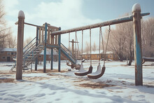 An Abandoned Playground Covered In Snow During Winter, With Swings And Slides Blanketed In White, Creating A Scene Of Silent, Cold Stillness And Desertion.