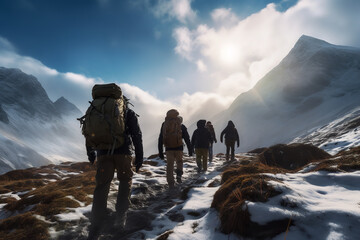 Wall Mural - A group of hikers equipped for cold weather trekking through a snowy mountain pass, navigating rugged terrain on an adventure in a winter wonderland.
