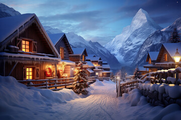 Poster - A picturesque snowy mountain village at dusk, with twinkling lights in cozy cottages and a thick blanket of snow creating a peaceful winter evening ambiance.