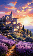 Poster - Large fields of purple lavender, Manor Castle and beautiful sunset