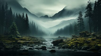 Canvas Print - Landscape of Misty Forest and Mountain Range in Nature