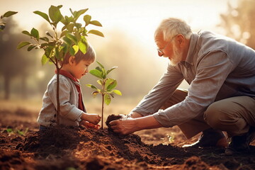 old man plant tree with child boy