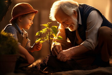 old man plant tree with child boy