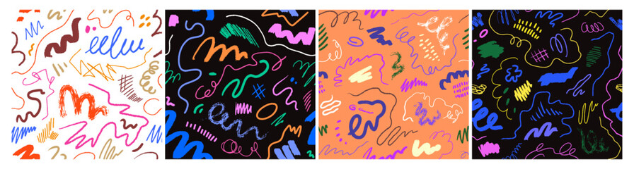 Aufkleber - Doodle scribble patterns set. Abstract seamless backgrounds, endless repeating texture. Repeatable print designs with hand-drawn lines, shapes. Colored vector illustration for textile, wrapping
