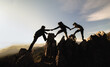 © Tinnakorn - silhouette male and female hikers climbing up mountain cliff. helps and team work concept. Independent hiking travel, success.