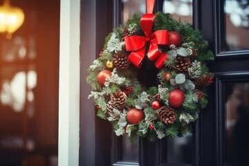 Wall Mural - Close-up of a wreath made of fluffy Christmas tree branches hanging on the front door decorated with ribbons and balls