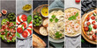 Italian traditional dishes collage, top view.