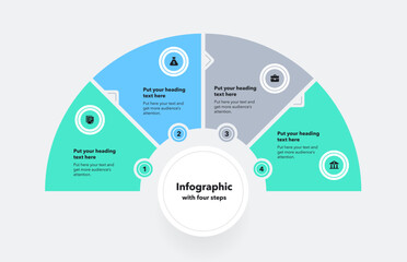Leinwandbilder - Process flow diagram divided into four steps. Flat infographic with minimalistic icons and place for your texts.