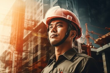 Wall Mural - Double exposure of Engineer or architect on construction site with building background.