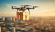 Drone delivery flying with package in the city. UAV drone delivery delivering big brown post package into urban city.Unmanned aircraft system UAS.