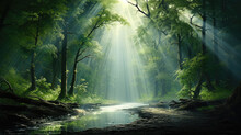 Sun Rays Through The Forest, A Dirt Road Is In The Woods With Light Shining Through 