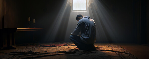 Religious, sad young man praying to God in a dark room. Sunlight coming through the window.