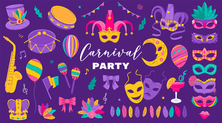 Mardi Gras design collection. French traditional symbols - carnival masks, party decorations, feathers, musical instruments. Vector illustrations isolated on a white background.