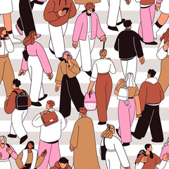 Fototapete - People walking on city street, seamless pattern. Characters crossing crosswalk, endless background. Pedestrians crowd, repeating print design. Flat graphic vector illustration for textile, fabric