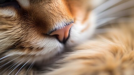 Wall Mural - An image showcasing the close-up details of a cat's paw when curled in a relaxed napping position, emphasizing the comfort, warmth, and cuteness of the curled paw, AI generated