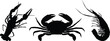 Crustaceans. Collection of sea animals. Crayfish, crabs, shrimp. Illustration on a transparent background.  Silhouette