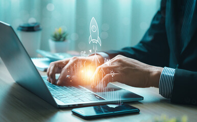 Startup business concept, rocket is launching and flying from hand to sky for growing business, fast business success. startup founder, network connection, idea generation, digital marketing