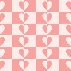 Poster - Monochrome minimalistic seamless pattern with hearts on a checkered background. Modern retro illustration for decoration. Aesthetic vector print in style 60s, 70s. Pink colors