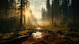 the sun shines into a forest with redwood trees,