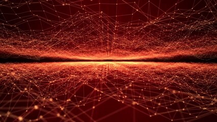 Abstract animation of flying through a hot landscape with a glowing wavy field of plexus made of shiny dots and lines on a dark orange background , motion graphics , 4k , 60 fps