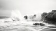 Seashore with crashing waves, black and white color, background