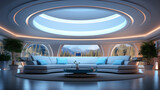 Fototapeta Młodzieżowe - Futuristic circular Living room in refined style mainly in light blue color with large rings for warm lighting and an ultra wide view on a forest