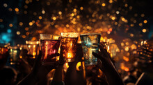 Close-up Of Three People Hands High Raising Large Cocktail Glasses To Celebrate A Very Happy Event With A Blurry Sparkle Background