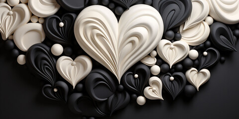 A wall decorated with black and white hearts made out of topping. A wall for a Valentine's Day photo shoot. Banner with hearts. Copy space.