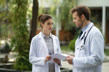 Doctors and nurses are discussing in the hospital, planning or schedule medical treatment