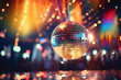  Retro DJ party scene with disco balls and vinyl records, bringing back the funky and joyful spirit of the 70s disco era.
