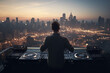  Chic DJ playing at a rooftop party, with a stunning city skyline backdrop, capturing the essence of urban nightlife.
