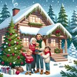 Illustration of a cheerful family with a father, mother, young son, and slightly older daughter. They are gathered outside their cozy, Finnish-style country house decorating a Christmas tree