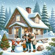 illustration of a family building a snowman in front of their house, Christmas holiday, house is a wooden cottage.