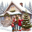 Illustration of a cheerful family with a father, mother, young son, and slightly older daughter. They are gathered outside their cozy, Finnish-style country house decorating a Christmas tree