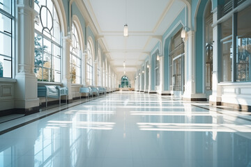 Poster - the corridor of the university with large windows