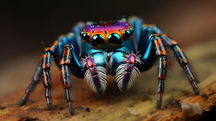 Photo of a vibrant peacock spider perched on a textured rock created, Close-up of the spider's head and beautiful eyes emerging. Nature beauty concept, A single Purple-Gold Jumping Spider perched
