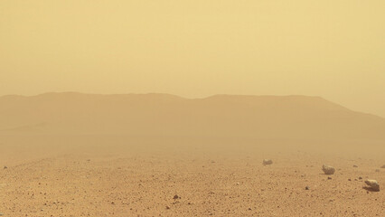 Wall Mural - amazing sandy landscape with a desert and mountain on the red planet mars.