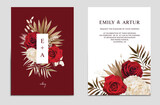 Fototapeta Kwiaty - Boho red wedding invite, save the date card template set. Rose flowers, dry Hydrangea, palm branch, pampas grass, white leaves bouquet frame border. Chic winter editable watercolor vector illustration