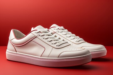 classic white leather sneakers, on an isolated red background, Generative AI