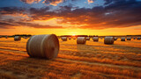 Fototapeta Mapy - Golden Field Sunrise. Country Landscape with Hay Bales