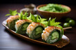 Dragon-shaped Sushi Rolls with shrimps on a wooden tray