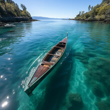 Wide Top View Photo Of An Isolated Old Wooden Boat Floating And Decking On Clear Blue Lake Water In A Sunny Day 